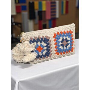 JADEtribe Zip Wristlet Beige Cotton Crochet Granny Square Tassel Clutch Thailand